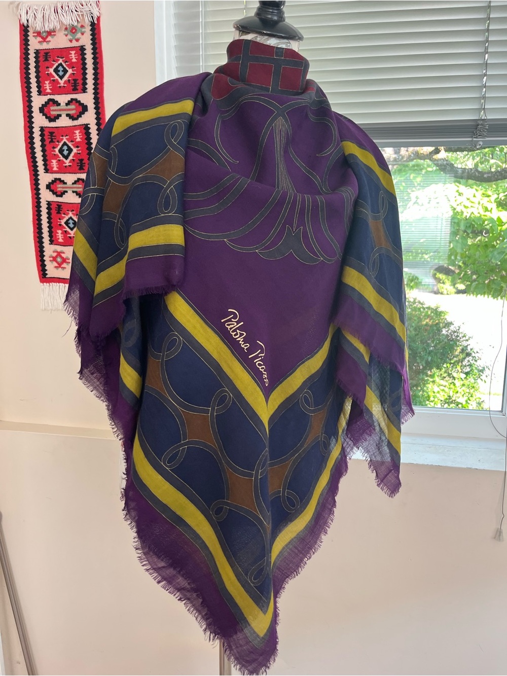 Paloma Picasso Purple Geometric wool Silk Italy scarf shawl